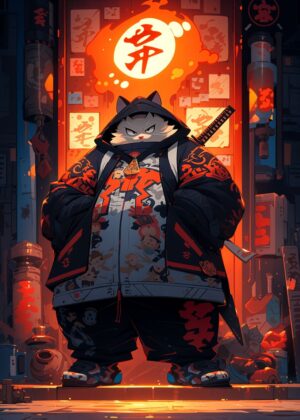 Urban Cat Samurai: Streetwear Meets Ancient Japan - Premium Wooden Framed Poster. Ready to Hang.