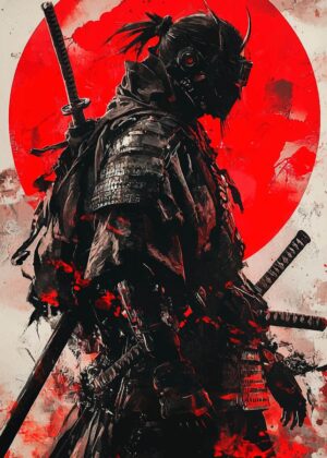 Crimson Sun Samurai: A Fierce Warrior's Silhouette - Premium Wooden Framed Poster. Ready to Hang.