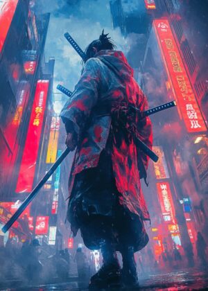 Samurai in Neon City: A Cyberpunk Fusion - Premium Wooden Framed Poster. Ready to Hang.