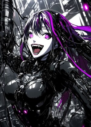 Cyberpunk Anime Girl: Dark Future Beauty - Premium Wooden Framed Poster. Ready to Hang.
