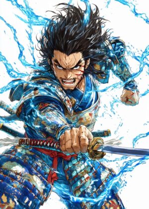 Anime Samurai Art Print: Fierce Warrior in Dynamic Pose - Premium Wooden Framed Poster. Ready to Hang.