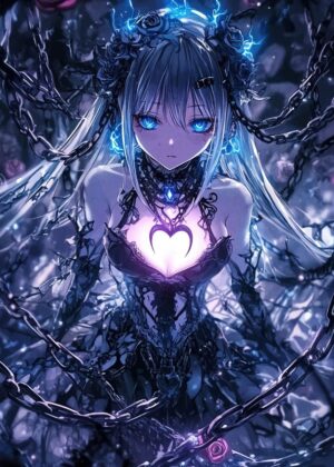 Enchained Anime Beauty: Dark Fantasy Art Print - Premium Wooden Framed Poster. Ready to Hang.