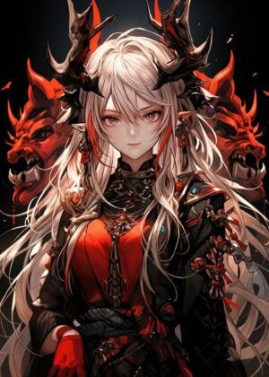 Fiery Anime Girl with Majestic Horns - Premium Wooden Framed Poster. Ready to Hang.