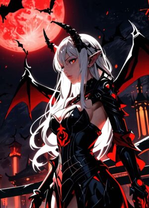 Demonic Anime Girl: Dark Fantasy Art Print - Premium Wooden Framed Poster. Ready to Hang.