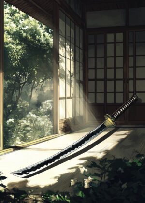 Serene Samurai Sword: A Breathtaking Anime-Inspired Artwork - Premium Wooden Framed Poster. Ready to Hang.