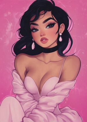Pink Fashion Illustration: Elegant Woman in a Lovely Dress - Premium Wooden Framed Poster. Ready to Hang.