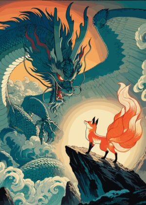 Dragon and Kitsune: A Majestic Encounter - Premium Wooden Framed Poster. Ready to Hang.
