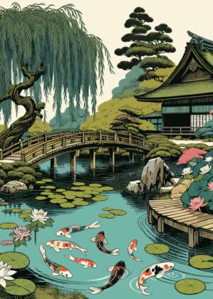 Serene Japanese Garden Koi Pond Artwork - Premium Wooden Framed Poster. Ready to Hang.