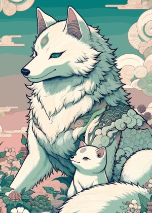 White Kitsune Mother and Child Art Print - Premium Wooden Framed Poster. Ready to Hang.