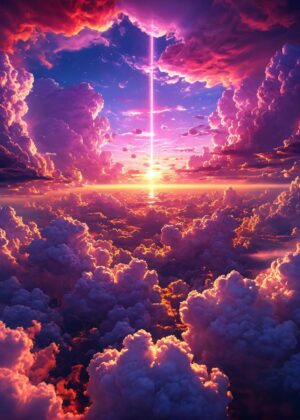 Sunset Above the Clouds: A Dreamlike Digital Artwork - Premium Wooden Framed Poster. Ready to Hang.