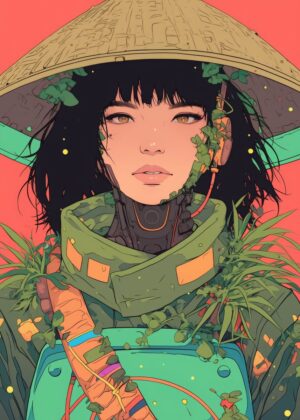 Cyberpunk Garden: Futuristic Woman with Nature - Premium Wooden Framed Poster. Ready to Hang.
