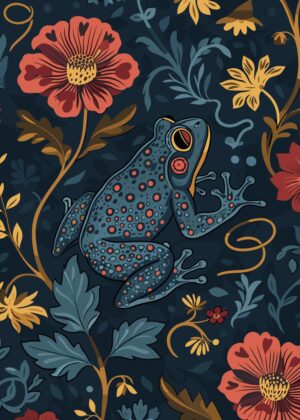 Frog Amidst Blooming Flowers: A Dark Floral Art Print - Premium Wooden Framed Poster. Ready to Hang.