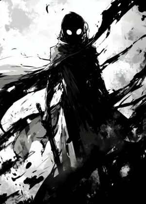 Mysterious Dark Figure with Sword: Monochrome Artwork - Premium Wooden Framed Poster. Ready to Hang.