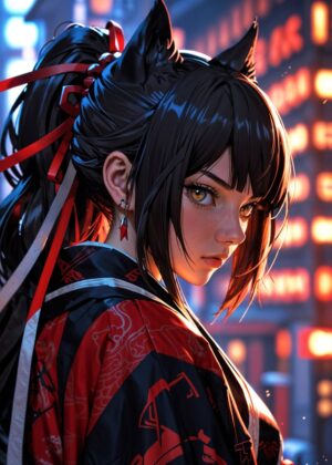 Urban Kitsune Warrior: Cyberpunk Anime Art Print - Premium Wooden Framed Poster. Ready to Hang.