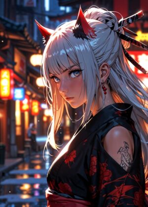 Crimson Oni Guardian: Anime Art Print - Premium Wooden Framed Poster. Ready to Hang.
