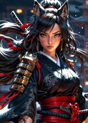Guardian of the Blade: Fierce Samurai Fox Artwork - Premium Wooden Framed Poster. Ready to Hang.