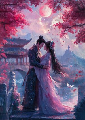 Anime Couple Under the Moonlight: A Romantic Embrace - Premium Wooden Framed Poster. Ready to Hang.