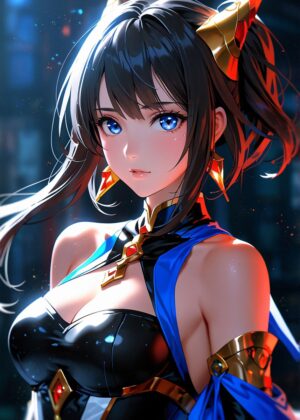 Anime Girl with Captivating Blue Eyes - Premium Wooden Framed Poster. Ready to Hang.