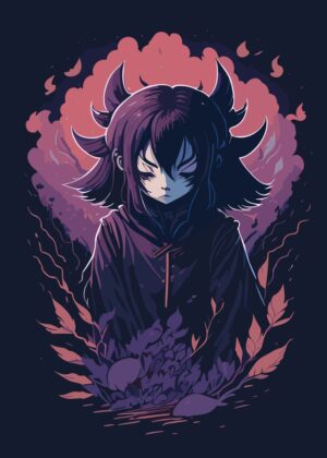 Dark Anime Girl with Horns: Mystical Artwork Print - Premium Wooden Framed Poster. Ready to Hang.