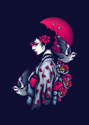 Geisha Serenity: Birds, Flowers, and Japanese Art - Premium Wooden Framed Poster. Ready to Hang.