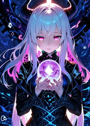 Mystical Anime Girl and Her Crystal Orb - Premium Wooden Framed Poster. Ready to Hang.