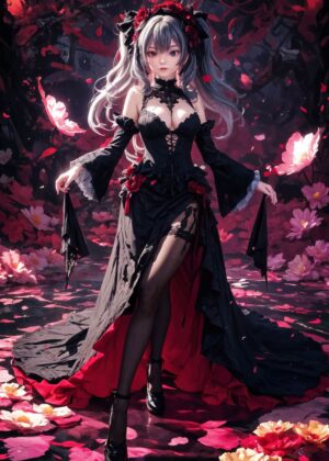 Anime Girl in Elegant Black Gown - Premium Wooden Framed Poster. Ready to Hang.