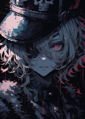 Anime Girl with Skull Hat: Dark Fantasy Art Print - Premium Wooden Framed Poster. Ready to Hang.