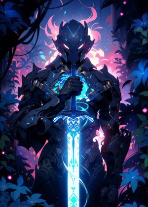 Cyberpunk Warrior: Digital Art Print - Premium Wooden Framed Poster. Ready to Hang.