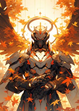 Autumnal Cyborg Ninja Paladin Artwork Print - Premium Wooden Framed Poster. Ready to Hang.