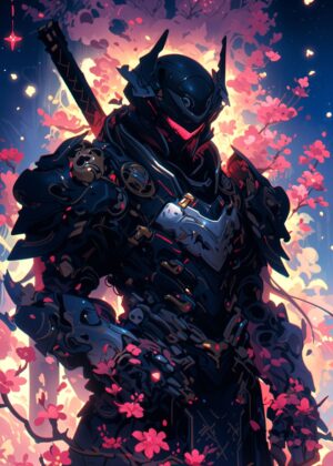 Cyberpunk Samurai: Digital Art Print - Premium Wooden Framed Poster. Ready to Hang.