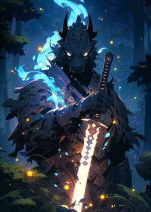 Dragon Warrior Fantasy Art Print - Premium Wooden Framed Poster. Ready to Hang.