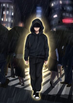 Mysterious Figure in Rain: A City Night Scene - Premium Wooden Framed Poster. Ready to Hang.