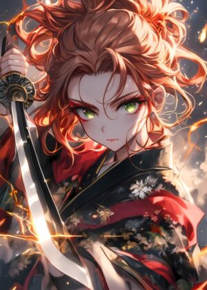 Fiery Anime Girl with Katana - Premium Wooden Framed Poster. Ready to Hang.