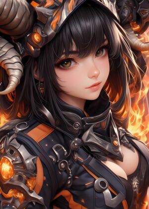 Fiery Anime Girl Warrior Art Print - Premium Wooden Framed Poster. Ready to Hang.