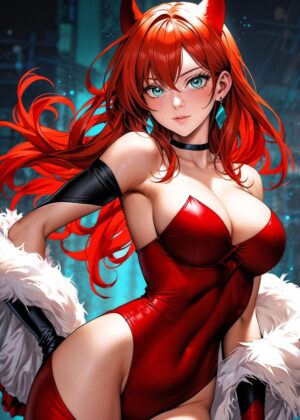 Anime Fox Girl Art Print: Fiery Redhead in Red Bodysuit - Premium Wooden Framed Poster. Ready to Hang.
