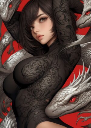 Dragon Tattoo Girl: Mystical Art Print - Premium Wooden Framed Poster. Ready to Hang.