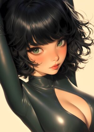Anime Girl with Striking Green Eyes: High-Quality Digital Art Print - Premium Wooden Framed Poster. Ready to Hang.