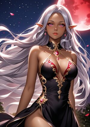 Dark Elf Princess Under the Blood Moon - Premium Wooden Framed Poster. Ready to Hang.