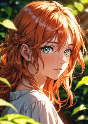 Anime Girl with Vibrant Orange Hair - Premium Wooden Framed Poster. Ready to Hang.