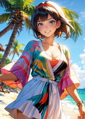 Anime Girl Summer Beach Scene - Premium Wooden Framed Poster. Ready to Hang.