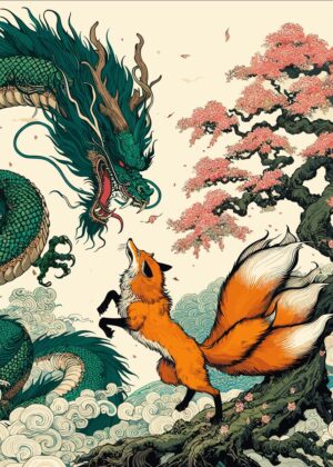 Dragon vs Kitsune: A Japanese Anime Showdown - Premium Wooden Framed Poster. Ready to Hang.