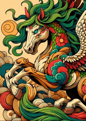 Japanese Winged Horse Yokai Art Print - Premium Wooden Framed Poster. Ready to Hang.