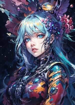 Anime Girl with Blue Hair: Celestial Beauty - Premium Wooden Framed Poster. Ready to Hang.