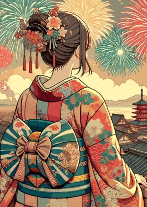 Anime Kimono Girl and Fireworks - Premium Wooden Framed Poster. Ready to Hang.