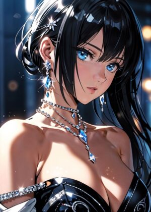 Stunning Anime Beauty: Elegant Dark Hair and Blue Eyes - Premium Wooden Framed Poster. Ready to Hang.