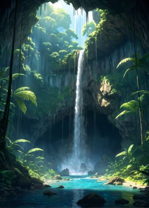Tropical Waterfall Cave: Lush Paradise Art Print - Premium Wooden Framed Poster. Ready to Hang.