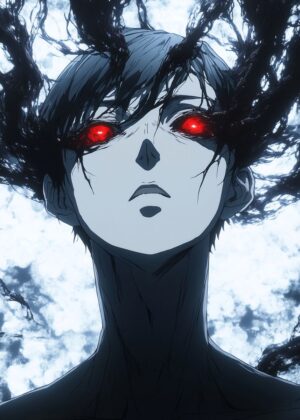 Anime Character with Fiery Red Eyes and Dark Aura - Premium Wooden Framed Poster. Ready to Hang.