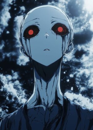 Anime Character with Glowing Red Eyes - Premium Wooden Framed Poster. Ready to Hang.