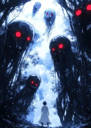 Anime Horror Scene: Confrontation in the Gloomwood - Premium Wooden Framed Poster. Ready to Hang.
