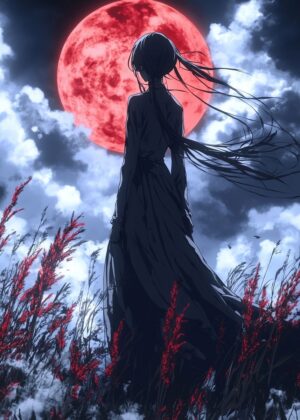 Anime Girl Silhouetted Against a Blood Moon - Premium Wooden Framed Poster. Ready to Hang.